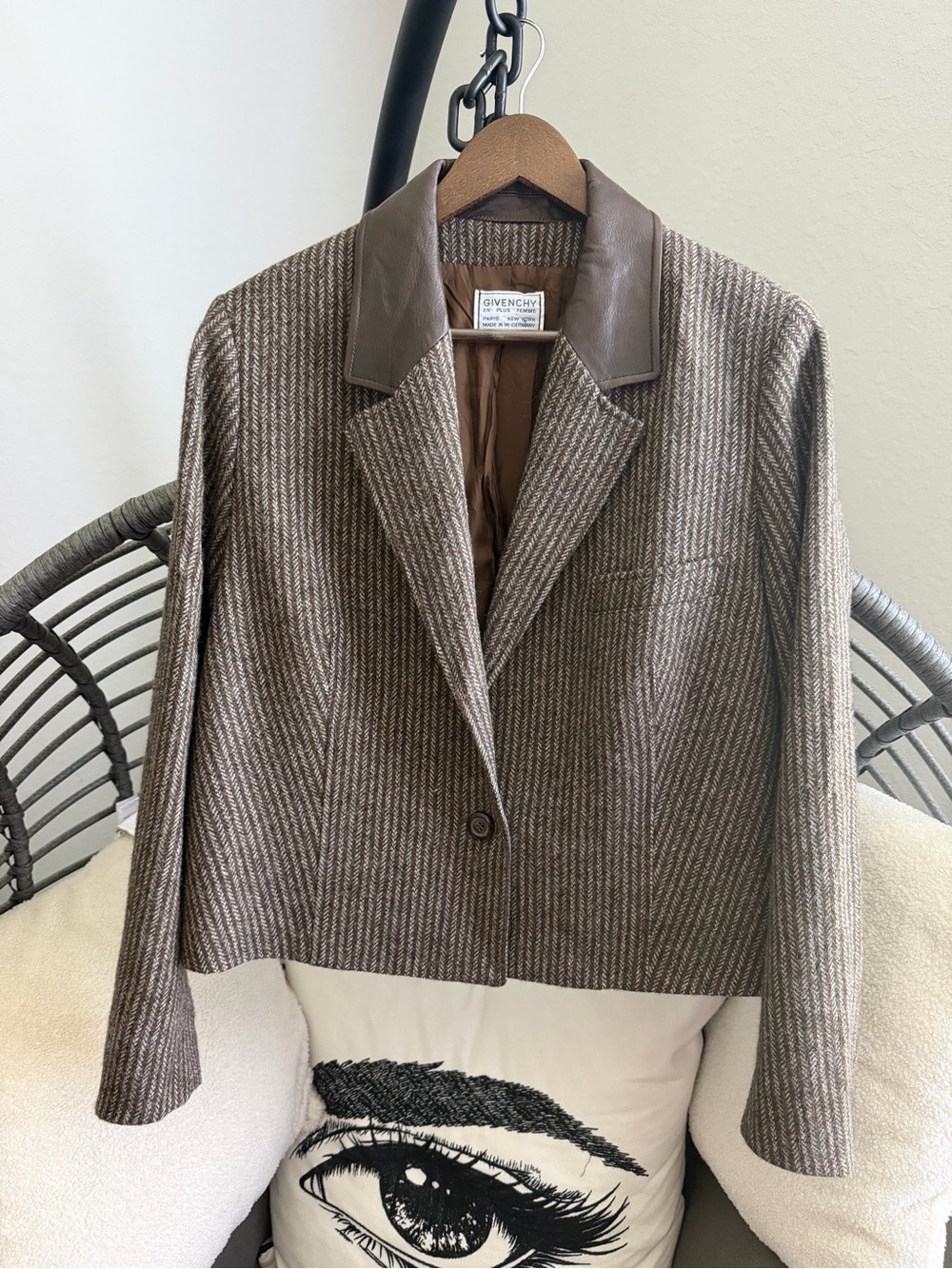 Vintage Givenchy Brown Tweed Leather-Trim Blazer 40
